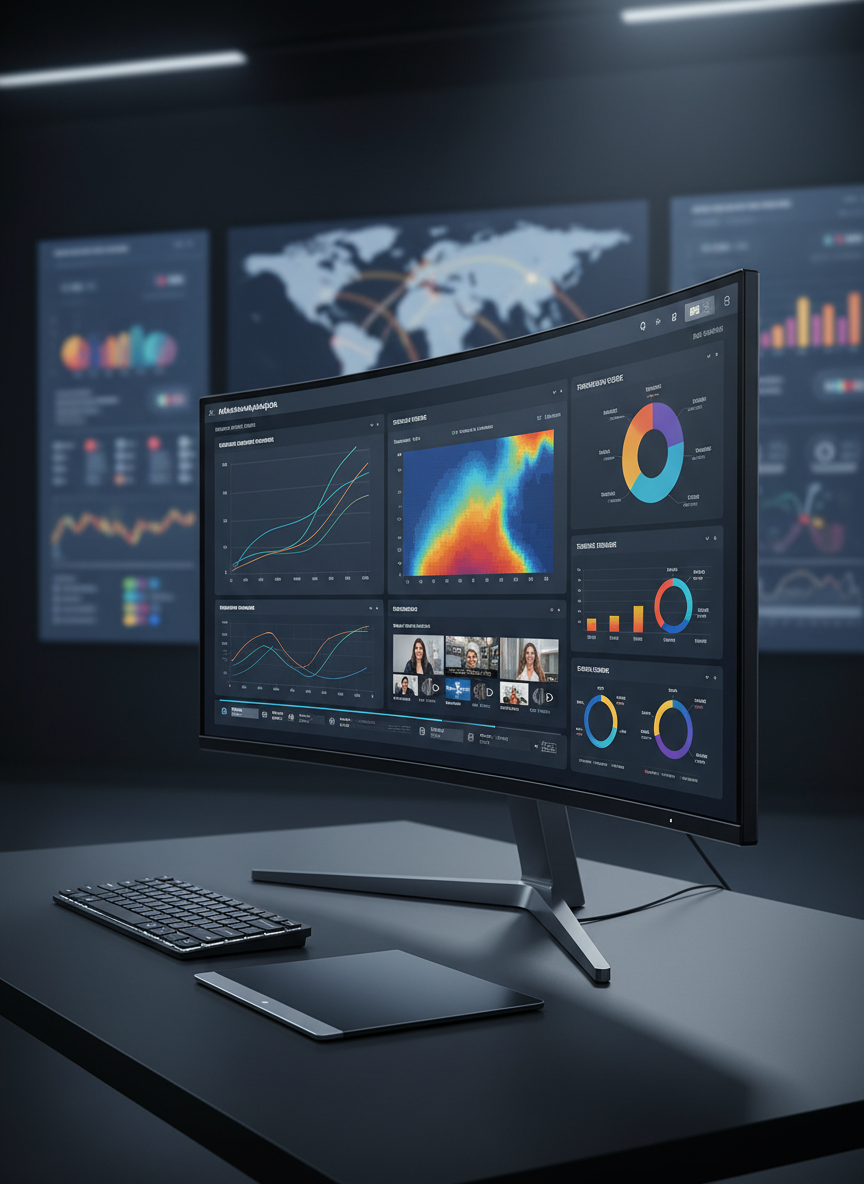 A sleek, ultra-wide curved monitor displaying a complex AI-driven media analytics dashboard, with colorful real-time graphs, heatmaps, and video thumbnail timelines arranged in a clean, modular layout. The screen sits on a dark, matte-finish desk alongside a minimalist, backlit keyboard and a slim trackpad. In the background, multiple wall-mounted displays show blurred visualizations of global content distribution maps and streaming metrics. Cool, diffused studio lighting highlights the reflective edges of the monitor and casts soft shadows across the desk. Photographic realism, eye-level composition with a slight three-quarter angle, sharp focus on the central screen, and a subtle bokeh on the background displays, creating a professional, high-tech B2B atmosphere for AI media software.