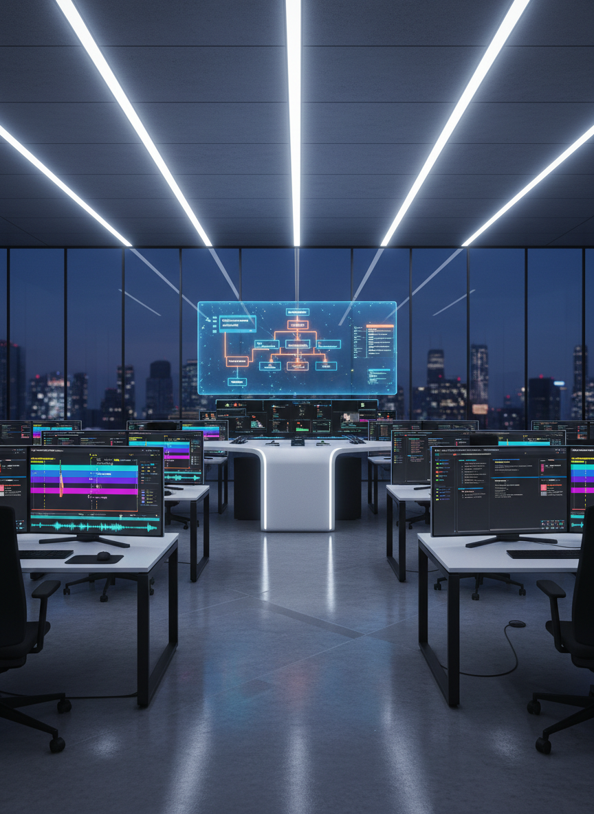 A modern, glass-walled control room