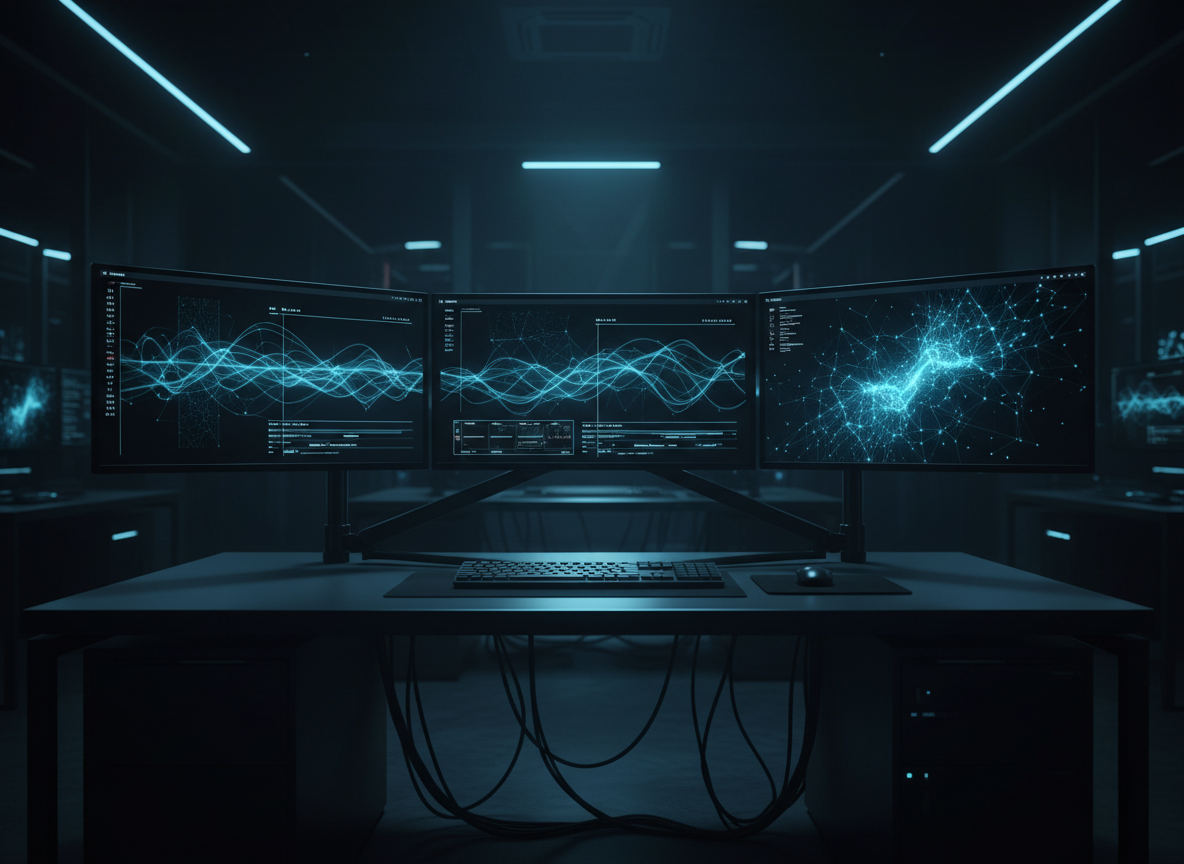 Cinematic dark AI media technology workspace at night with electric cyan-blue light glow on monitors