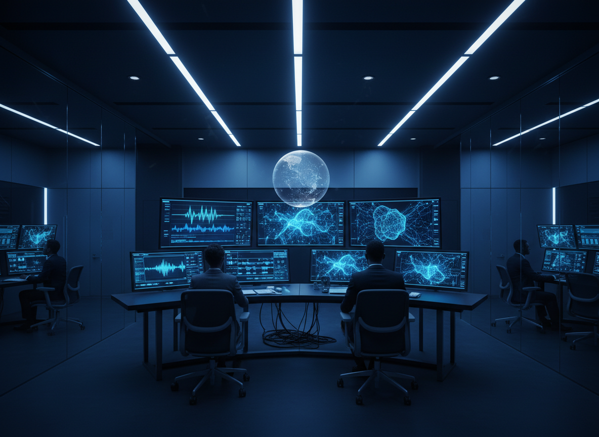 Modern AI media production control room with glowing screens showing waveforms, video timelines and neural-network data visualizations in cool cyan and blue tones.